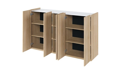 Komoda Easy 156 cm dąb scandi / biały połysk stylowa komoda doda elegancji i nowoczesności subtelne oświetlenie ledowe w zestawie