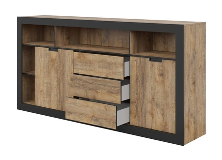 Komoda z szufladami Tudor 220 cm dąb samdal / czarny z drzwiami przesuwnymi funkcjonalna i pojemna komoda bezuchwytowy system push to open