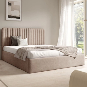Łóżko tapicerowane Faro 180x200 beżowe wygodne łóżko do sypialni designerskie wezgłowie o subtelnie zaokrąglonym kształcie