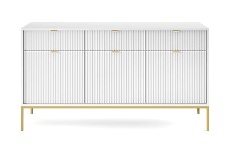 Komoda z szufladami Lovro 154 cm biała nowoczesny design zachwyci miłośników wyrazistych wnętrz złote metalowe dodatki