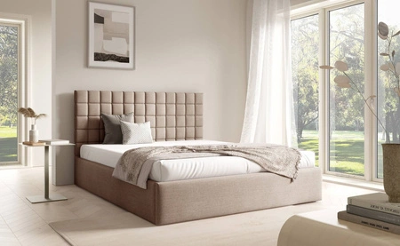 Łóżko tapicerowane Graso 160x200 beżowe nowoczesne i eleganckie łóżko gustowny symetryczny wzór na wezgłowiu pojemnik na pościel