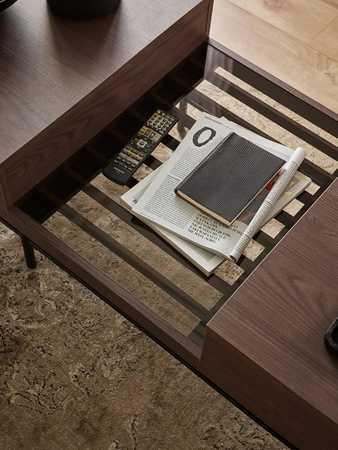 Zestaw mebli Piemonte jesion portland / czarny elegancka meblościanka do salonu gustowne lamele na frontach mebli metalowa podstawa