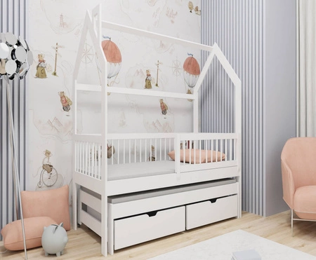 Łóżko dziecięce Dyzio 70x160 cm białe łóżko 2 osobowe wysuwane do pokoju dziecka drewniane łóżko domek z pojemnymi szufladami