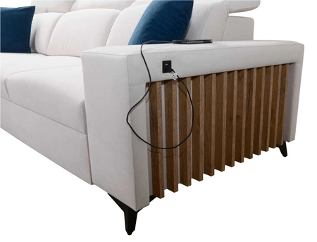 Narożnik z funkcją spania Kelly lawendowy róż lewostronny pleciony komfort i funkcjonalność bok narożnika wykończony lamelami