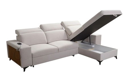 Narożnik z funkcją spania Kelly arktyczny błękit prawostronny pleciony komfort i funkcjonalność bok narożnika wykończony lamelami