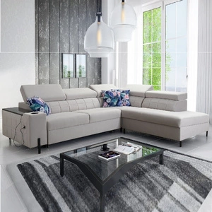 Narożnik z funkcją spania Belvi III siwy prawostronny komfortowy i elegancki narożnik do salonu z praktycznym schowkiem w boczku