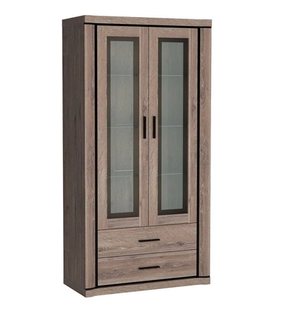 Witryna Dallas 97 cm dąb truflowy / czarny stylowa witryna z szufladami do salonu elementy z bezpiecznego szkła stylowe czarne uchwyty