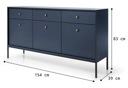Komoda z szufladami Mono 154 cm granatowa minimalistyczny design stylowy złoty uchwyt prosta forma wzbogacona o metalowe elementy