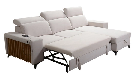 Narożnik z funkcją spania Kelly czarny prawostronny pleciony komfort i funkcjonalność bok narożnika wykończony lamelami