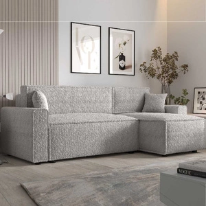 Narożnik z funkcją spania Brandon Bis szary popiel prawostronny miękka tkanina o charakterystycznej pętelkowej powierzchni pojemnik na pościel