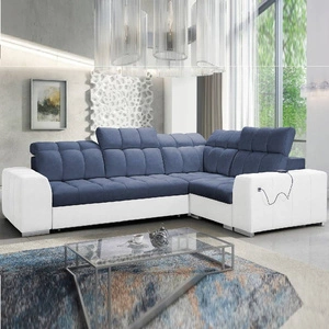 Narożnik z funkcją spania Luigi II niebieski / biały prawostronny komfort podczas codziennego wypoczynku narożnik z pojemnikiem na pościel