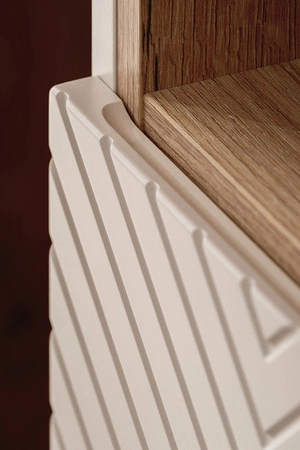 Zestaw mebli łazienkowych Viva beżowy / dąb coast evoke stylowe szafki z ciekawym frezowaniem w kształcie jodełki modna kolorystyka