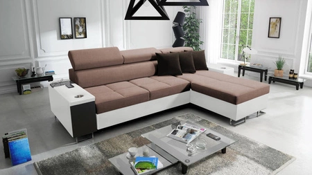 Narożnik z funkcją spania Dafni jasny brąz / biały prawostronny pleciony komfort i funkcjonalność podczas codziennego wypoczynku