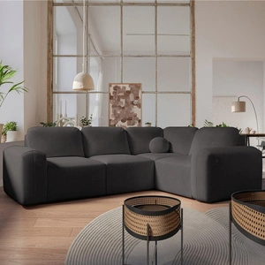 Narożnik z funkcją spania Arbon II grafitowy prawostronny stylowe wzornictwo charakterystyczny obły kształt pojemnik na pościel