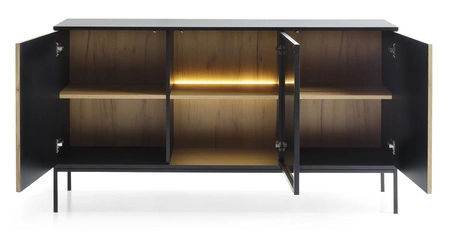 Komoda Amma 154 cm czarny / dąb wotan nietuzinkowy design przeszklony front komody z systemem push to open dekoracyjne lamele