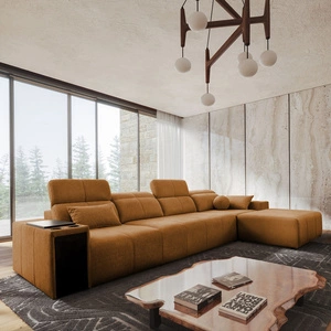 Narożnik z funkcją spania Tesalia XII miodowy prawostronny nowoczesny design komfortowe przesuwane oparcie szuflada w boczku mebla