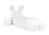 Łóżko kontynentalne Beti Plus 100x200 białe uroczy design unikatowy zagłówek w kształcie króliczka łózko z szafkami nocnymi i pufami