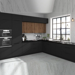 Zestaw mebli kuchennych narożny Brianza / Black 330x210 cm metalowe uchwyty szafki doskonale prezentują się w nowoczesnych wnętrzach