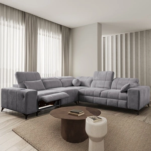 Narożnik z funkcją spania Penejos III Lux jasny szary lewostronny narożnik do salonu z wysuwanym podnóżkiem pojemnik na pościel