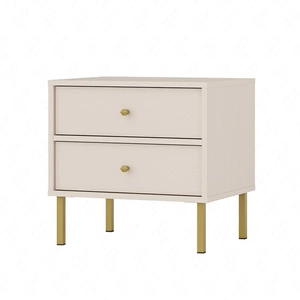 Szafka nocna Kioto II beżowa z szufladami idealna szafka do sypialni wsparta na metalowej złotej podstawie subtelne uchwyty