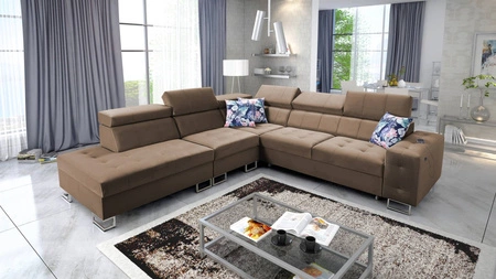 Narożnik z funkcją spania Hampton IX jasny brąz lewostronny stylowy i nowoczesny design narożnika idealny mebel do każdej aranżacji