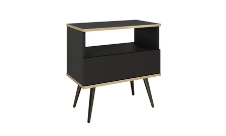 Szafka nocna z szufladą Luxury czarna elegancki design korpus zwieńczony złotą listwą szafka wsparta na wysokich metalowych nogach