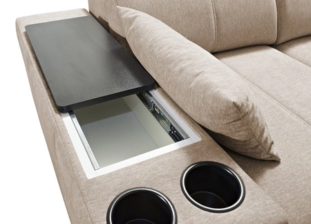 Narożnik z funkcją spania Tesalia miodowy prawostronny nowoczesny design komfortowe przesuwane oparcie szuflada w boczku mebla