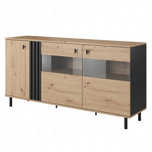 Komoda z witryną Merano 165 cm dąb artisan / antracyt  nowoczesny design obrzeża wykończone specjalną okleiną elementy z bezpiecznego szkła