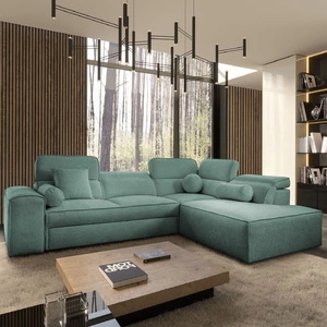 Narożnik z funkcją spania Viano VII patynowy prawostronny modny i stylowy narożnik z regulowanymi zagłówkami ozdobne poduszki