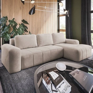 Narożnik z funkcją spania Bovec beżowy prawostronny stylowy narożnik rozkładany o ergonomicznym kształcie hydrofobowa tkanina