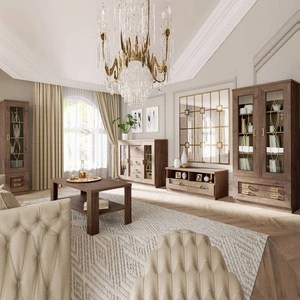 Zestaw mebli do salonu Tade dąb lefkas elegancka stylistyka meble ozdobione subtelnymi ornamentami i wzbogacone metalowymi złotymi uchwytami