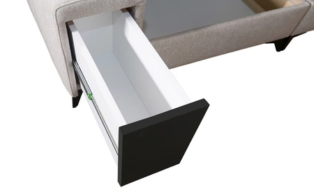 Narożnik z funkcją spania Bolmso XII brązowy prawostronny nowoczesny design narożnik zapewnia komfort obszerne pojemniki na pościel