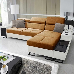 Narożnik z funkcją spania Alcamo miodowy / biały prawostronny elegancki i stylowy narożnik z dostawką praktyczna szuflada w boczku mebla