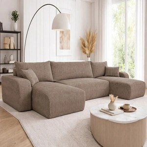 Narożnik z funkcją spania Fiesta U jasny brąz stylowy narożnik o ciekawym kształcie wytrzymała sztruksowa tkanina pojemnik na pościel