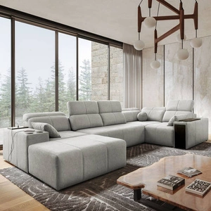 Narożnik z funkcją spania Tesalia IV szary popiel lewostronny komfortowy narożnik do salonu z innowacyjną funkcją przesuwanego oparcia