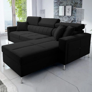 Narożnik z funkcją spania Nausa czarny prawostronny velvet stylowy komfortowy narożnik regulowane zagłówki pojemnik na pościel