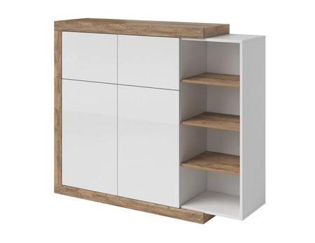 Komoda wysoka Sintra 151 cm dąb samdal / biały połysk oryginalny design komoda do salonu o ciekawym kształcie system push to open