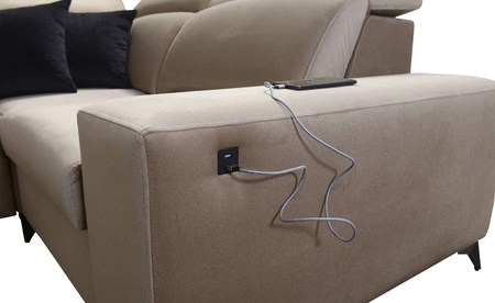 Narożnik z funkcją spania Kelly Sleek II arktyczny błękit prawostronny elegancki narożnik do salonu wykonany z plecionej tkaniny