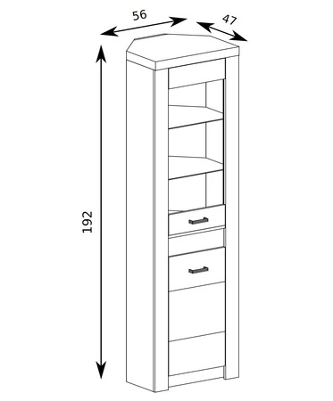 Witryna narożna Indiana 56 cm kraft biały stylowa witryna do salonu elementy z bezpiecznego szkła ozdobna deska na froncie witryny oświetlona LED