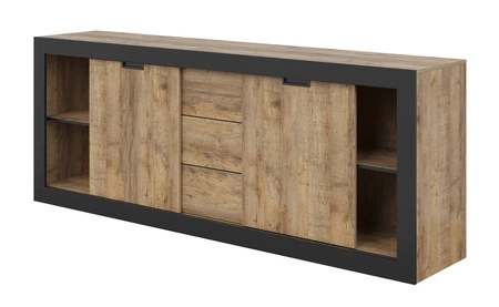 Komoda z szufladami Tudor 220 cm dąb samdal / czarny z drzwiami przesuwnymi idealna do wnętrz w stylu industrialnym bezuchwytowy system push to open