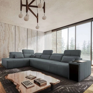 Narożnik z funkcją spania Tesalia XI szary lewostronny nowoczesny narożnik z komfortowym przesuwanym oparciem i pojemną szufladą