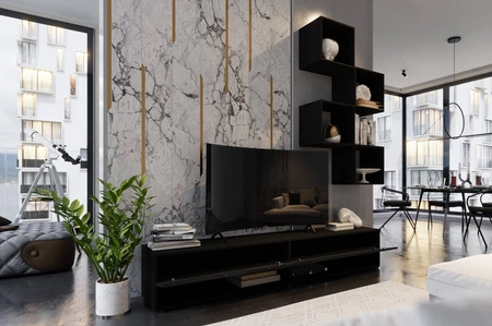 Meblościanka Nestorio czarna / czarny połysk stylowy design meblościanki wpisujący się w każde wnętrze szafka RTV z możliwością powieszenia