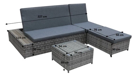 Sofa ogrodowa Diabolico szara elegancki charakter oryginalna forma wielofunkcyjny regulowany mebel ogrodowy wykonany z technorattanu