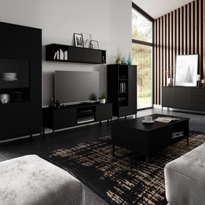 Zestaw mebli Tutti czarny prosta forma meblościanki bryły wsparte na metalowej czarnej podstawie bezuchwytowy system push to open