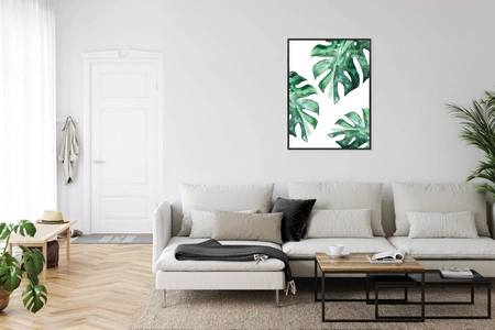Plakat duże liście monstery 70x100 plakat w ramie precyzyjny wydruk ze stylową grafiką doskonała dekoracja do salonu lub sypialni