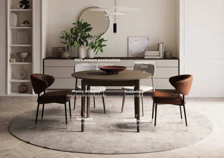 Stół okrągły rozkładany Plot 90 cm dąb ciemny funkcjonalny stół o niewielkich rozmiarach idealnie dopasuje się do mniejszych wnętrz