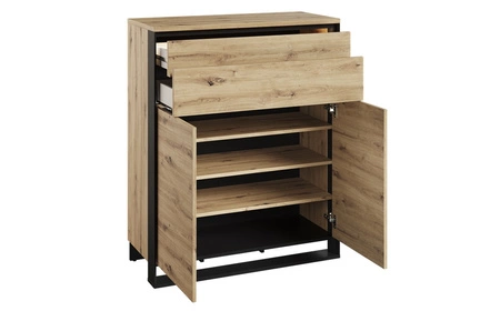 Komoda z szufladami Quant 92 cm dąb artisan / czarny nowoczesna komoda w stylu loftowym z oświetleniem LED idealna do przedpokoju