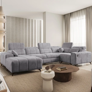 Narożnik z funkcją spania Penejos IV jasny szary lewostronny stylowy narożnik rozkładany z dwoma pojemnikami na pościel trwała tkanina