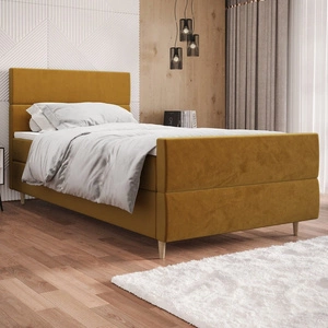 Łóżko kontynentalne Benet 90x200 musztardowe w nowoczesnym skandynawskim stylu z tapicerowanym zagłówkiem oraz zanóżkiem łóżko z pojemnikiem