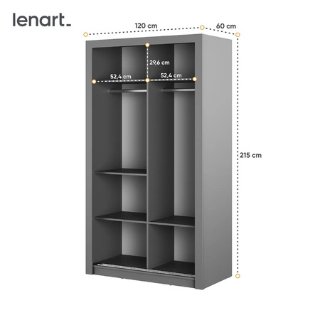 Szafa przesuwna z lustrem Arti 120 cm szara pojemna szafa do przedpokoju drzwi szafy wykończone lustrami w ciekawej konfiguracji